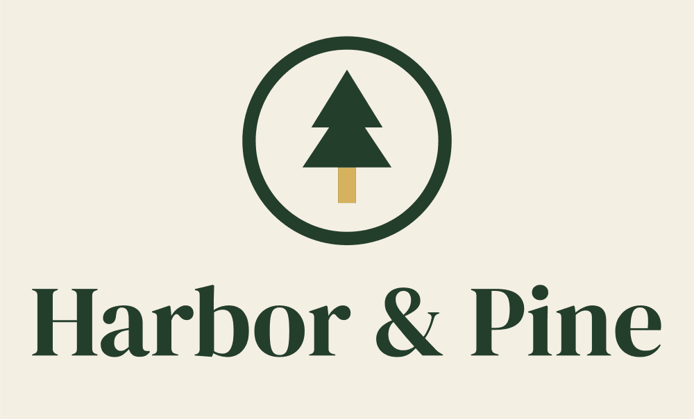 Harbor & Pine stacked lockup with pine tree badge mark