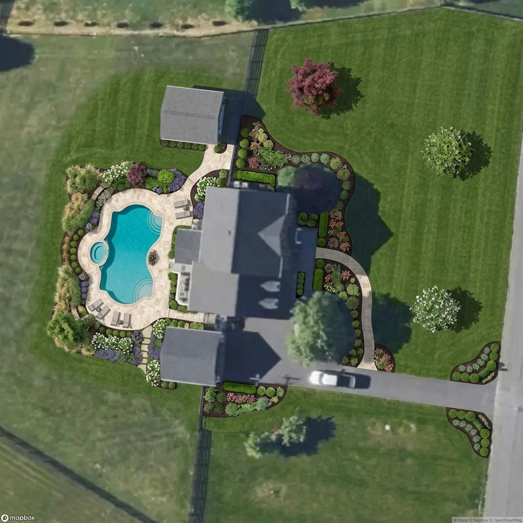 AI-rendered backyard with pool, hardscape, and lighting